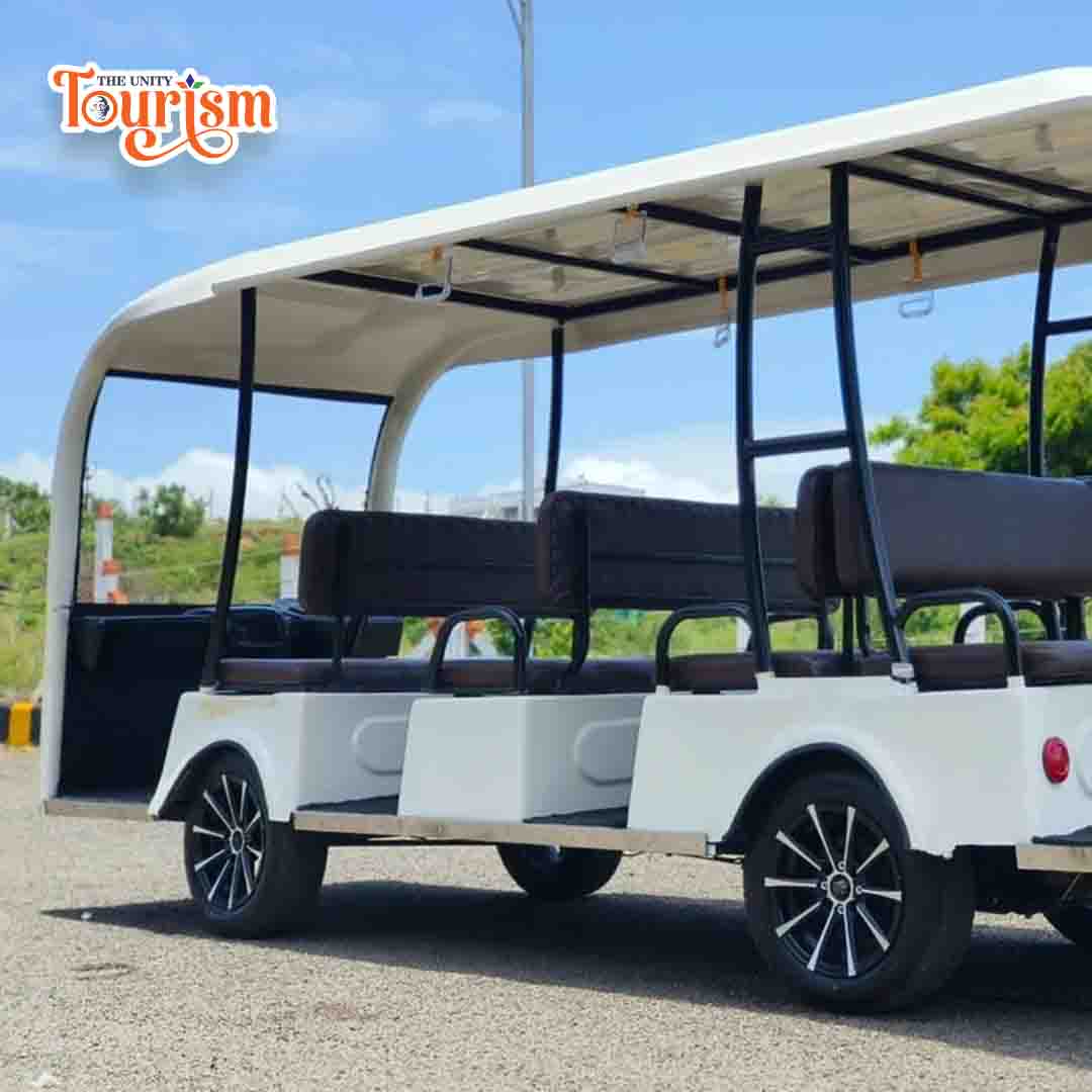 Rear view of electric tourist cart at Statue of Unity