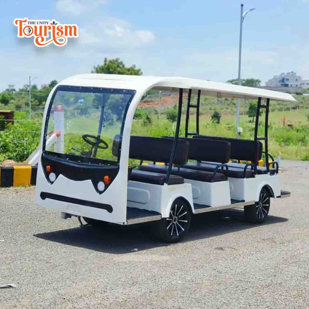 Front view of electric tourist vehicle near Statue of Unity